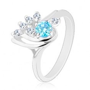 Třpytivý prsten - slza s hladkými obloučky, modrý kulatý zirkon, čirá linie G13.14
