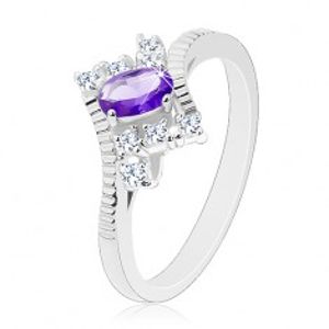 Třpytivý prsten ve stříbrném odstínu, fialový ovál, čiré zirkony G04.07