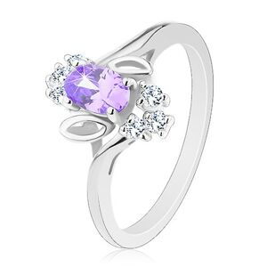 Třpytivý prsten, světle fialový oválný zirkon, lístečky, čiré zirkonky - Velikost: 58