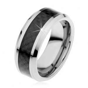 Wolframový prstýnek stříbrné barvy, středový pás z černých vláken, 8 mm H4.12