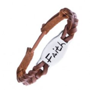 Úzký pletený náramek z kůže - karamelový, známka "FAITH" Z12.15