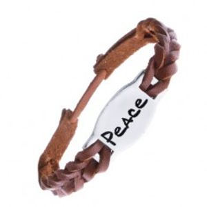 Úzký pletený náramek z kůže - karamelový, známka "PEACE" Z13.2