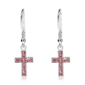 Visící náušnice ze stříbra 925 - křížek s růžovými zirkony