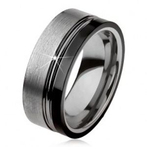 Wolframový prsten, dva zářezy, ocelově šedá a černá barva, lesklo-matný povrch AB34.02