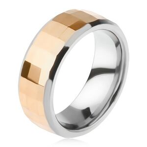 Wolframový prsten - dvojbarevný, geometricky broušený pás zlaté barvy - Velikost: 64
