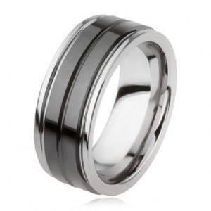 Wolframový prsten s lesklým černým povrchem a zářezem, stříbrná barva AB34.03