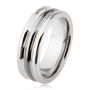 Wolframový prsten s lesklým povrchem, dva zářezy, černá a stříbrná barva SP24.09