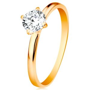 Zásnubní prsten ve žlutém 14K zlatě - hladká ramena, zářivý kulatý zirkon čiré barvy - Velikost: 58