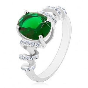 Zásnubní rhodiovaný prsten, stříbro 925, oválný zelený zirkon, blýskavé spirály J15.17