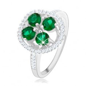 Zásnubní stříbrný prsten 925, kruhový blyštivý květ, zelené zirkony HH3.9