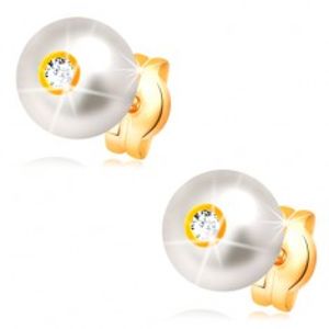 Zlaté 14K náušnice - smetanově bílá perla s blýskavým čirým zirkonem, 6 mm GG32.15