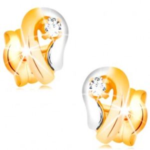 Zlaté 14K náušnice, dvoubarevná kontura kapky se zářivým diamantem BT501.32