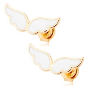 Zlaté náušnice 585 - andělská křídla zdobená bílou glazurou, puzetky GG85.14