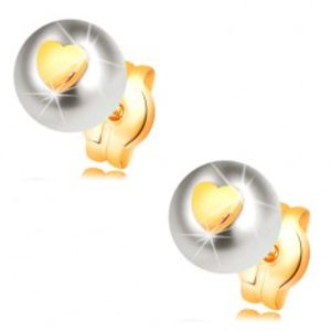 Zlaté náušnice 585 - bílá perla s lesklým souměrným srdíčkem GG16.09