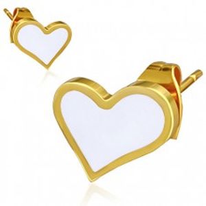 Zlaté náušnice z oceli - bílé asymetrické srdce S32.22