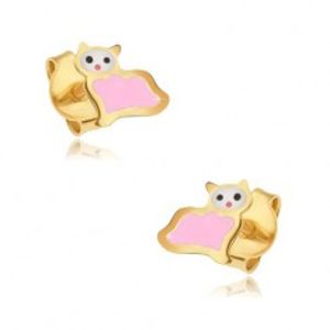 Zlaté puzetové náušnice 375 - plochá růžovo-bílá kočička, lesklý email GG03.40