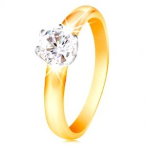 Zlatý 14K dvoubarevný prsten - čirý zirkon v šesticípém kotlíku, vypouklá ramena GG215.79/86