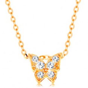 Zlatý 14K náhrdelník - lesklý řetízek, motýl zdobený čirými zirkony GG139.04
