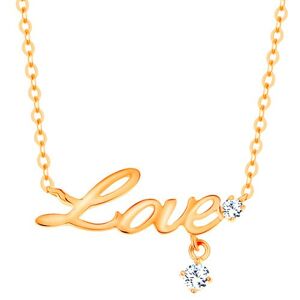 Zlatý 14K náhrdelník - lesklý řetízek, nápis Love a dva čiré zirkony