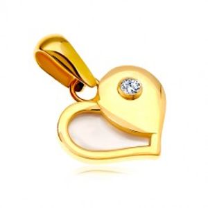 Zlatý 14K přívěsek - srdce s polovinou z bílé perleti a kulatým zirkonem GG18.10