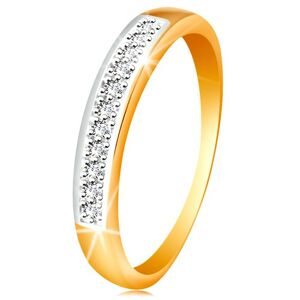 Zlatý 14K prsten - blýskavý pás z čirých zirkonů s lemem z bílého zlata - Velikost: 51