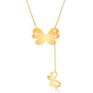 Zlatý 9K náhrdelník - větší motýl s visícím obrysem menšího motýlka GG194.11