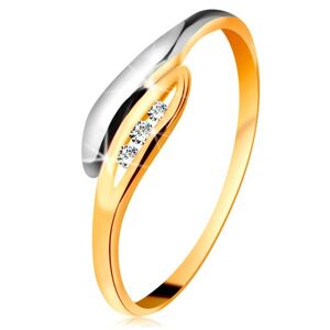 Zlatý diamantový prsten 585 - dvoubarevné zahnuté lístečky, tři čiré brilianty - Velikost: 53