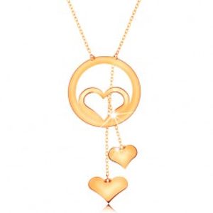Zlatý náhrdelník 585 - kontura srdce v kroužku a dvě visící srdíčka na řetízcích GG160.04