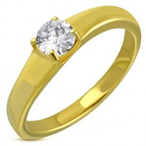 Zlatý ocelový prsten, vyčnívající kulatý čirý zirkon BB09.01