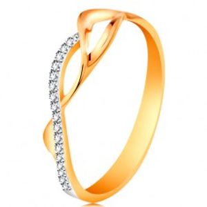 Zlatý prsten 585 - asymetricky propletené vlnky - dvě hladké a jedna zirkonová GG189.80/87
