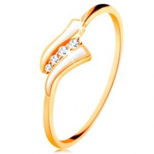 Zlatý prsten 585 - dvě bílé vlnky, linie čirých zirkonů, lesklá ramena GG133.05/31/34