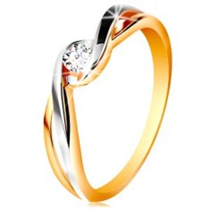 Zlatý prsten 585 - dvoubarevná, rozdělená a zvlněná ramena, čirý zirkon GG197.01/06