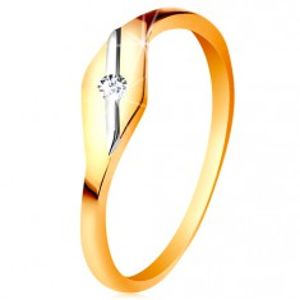 Zlatý prsten 585 - lesklé zrnko, šikmá linie z bílého zlata a čirý zirkonek GG197.87/94