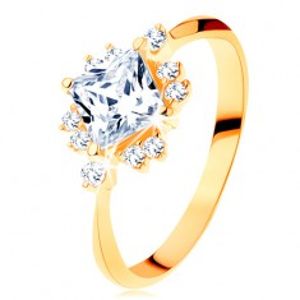 Zlatý prsten 585 - blýskavý broušený čtverec, drobné zirkonky čiré barvy GG127.06/127.46/50