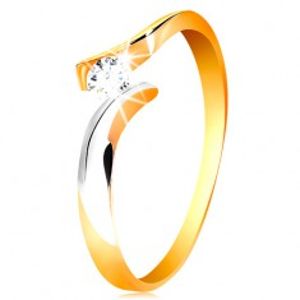 Zlatý prsten 585 - kulatý čirý zirkon, dvoubarevná a zvlněná ramena GG201.38/44