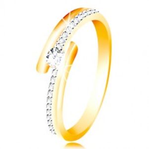 Zlatý prsten 585 - rozdvojená ramena, vystouplý kulatý zirkon čiré barvy GG213.60/67