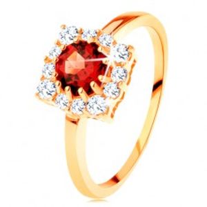 Zlatý prsten 585 - čtvercový zirkonový obrys, kulatý červený granát GG127.10/127.41/45