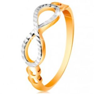 Zlatý prsten 585 - symbol nekonečna zdobený bílým zlatem a zářezy GG193.01/07