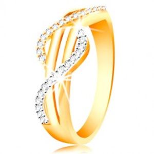 Zlatý prsten 585 - zirkonové vlnky ze žlutého a bílého zlata, rovné hladké pásy GG214.38/43