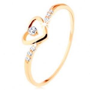 Zlatý prsten 585, kontura srdce s čirým zirkonkem, zdobená ramena GG125.06/125.20/125.24