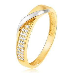 Zlatý prsten 585 - pás drobných čirých zirkonů, zvlněná linie v bílém zlatě - Velikost: 48