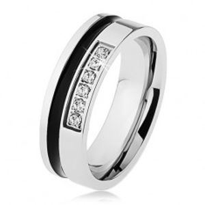 Zrcadlově lesklý ocelový prsten stříbrné barvy, černý pruh, linie zirkonů SP15.18